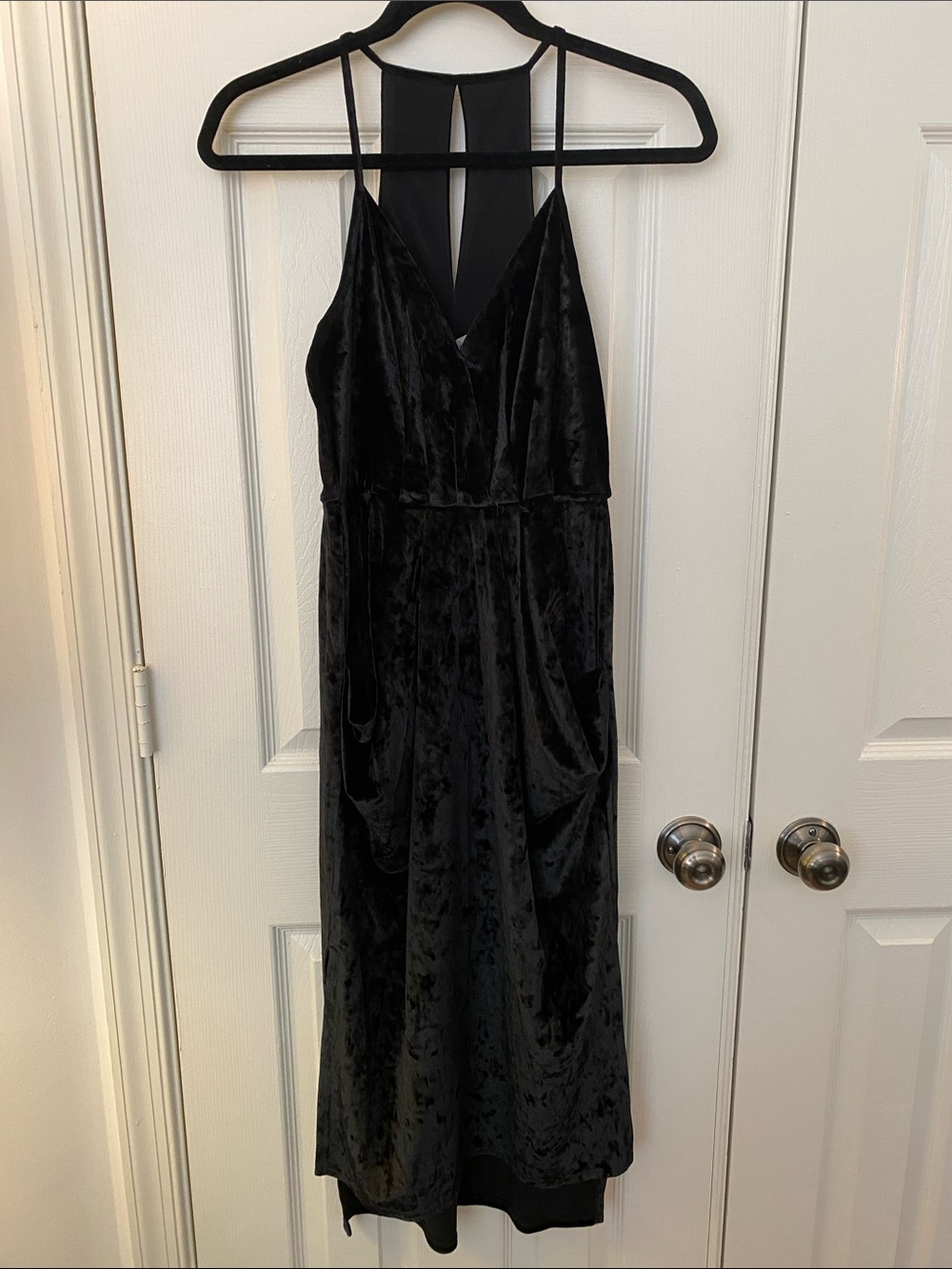 BCBGeneration Black Velvet Midi Dress with Spaghetti Straps